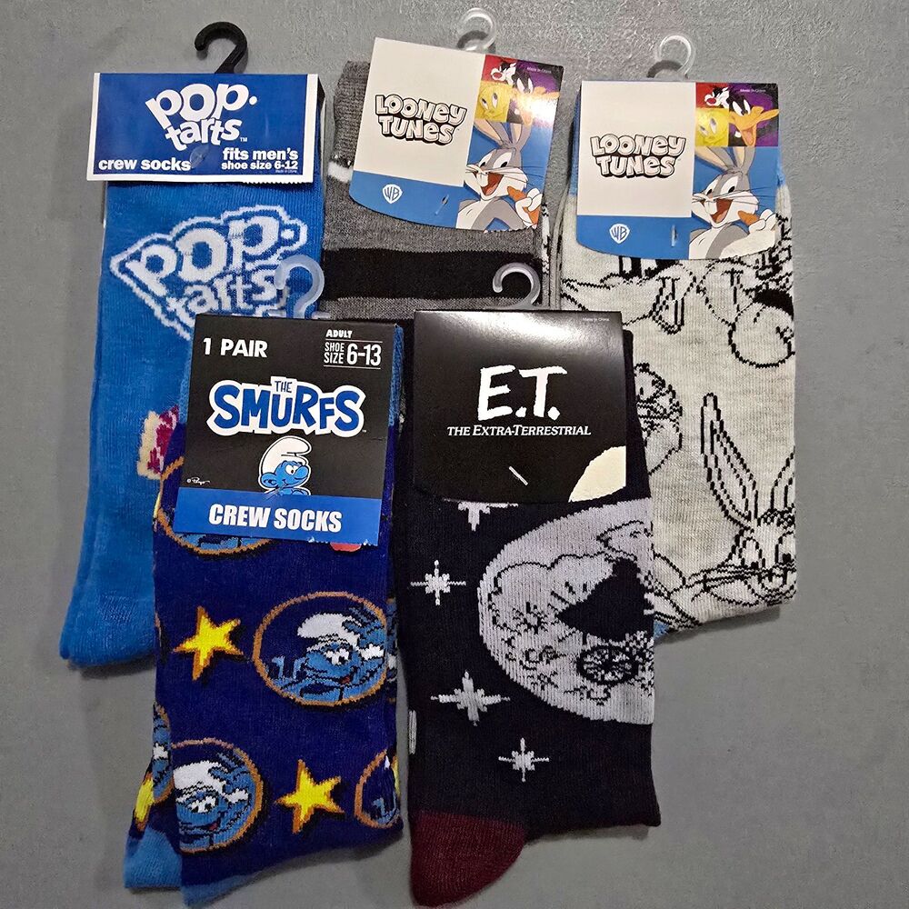 Lot of 5 New Mens Pop Tarts Looney Tunes Smurfs E.T. Crew Socks Size 6-13 NWT